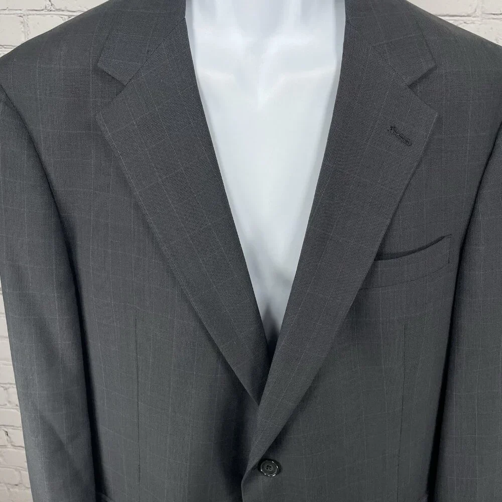 Austin Reed Grey Blue Check 2 Button Vented Blazer Sport Coat USA Made Size 44L